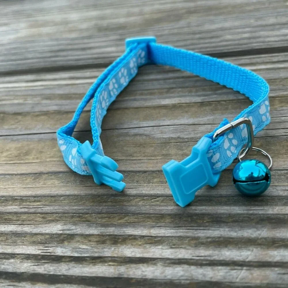 Cat Collar With Bell Adjustable Kitten Puppy Paw Print Blue Collars Adjustable